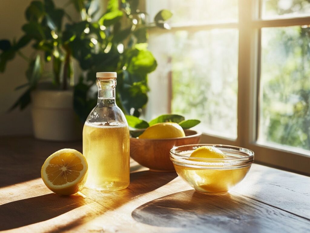 A bottle of vinegar and sliced lemons on a kitchen countertop.